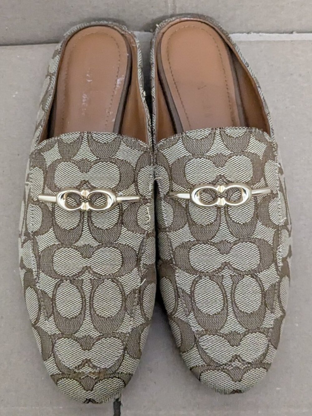 Coach Sienna Beige Canvas Signature Horsebit Backless Mules 8B Brown - Picture 2 of 16